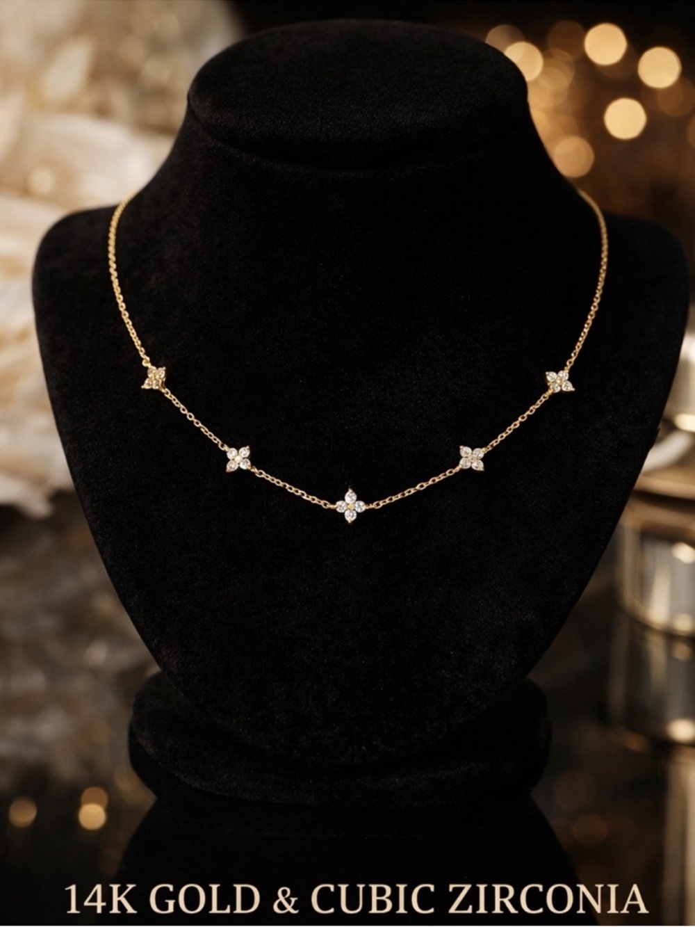 14K Gold Cubic Zirconia Floral Station Necklace